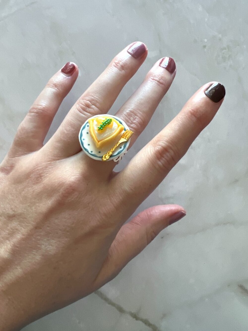 Lemon Meringue Teacup Ring | Hand-Painted Ceramic | Miniature Food Jewelry